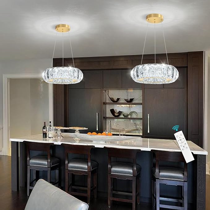 Crystal Round Chandelier Modern LED Dining Pendant Lights for Kitchen Island Dining Room Remote Dimmable Hanging Light Entrance Bedroom Lighting Gold