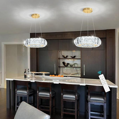Crystal Round Chandelier Modern LED Dining Pendant Lights for Kitchen Island Dining Room Remote Dimmable Hanging Light Entrance Bedroom Lighting Gold