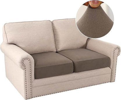 H.VERSAILTEX Fleece Couch Cushion Covers Stretch Loveseat Covers for 2 Cushion Couch Loveseat Covers Comfortable and Durable Fabric (2 Piece Loveseat Cushion Cover, Taupe)