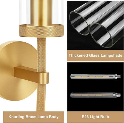 Brass Wall Sconces Set of Two with White Lights, 19.48'' Brushed Brass Knurled Bathroom Sconces Wall Lighting Vanity Light with Clear Glass for Living Room Mirror Bedroom Stairs