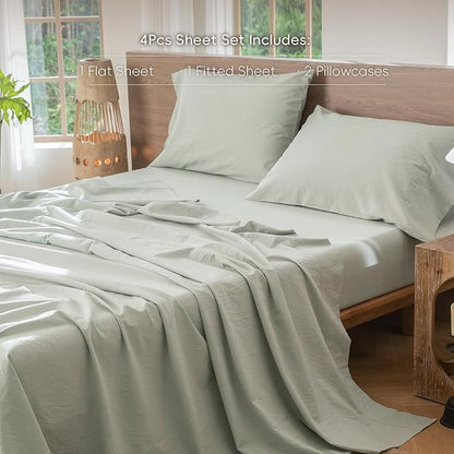 MooMee Bedding Sheet Set 100% Washed Cotton Linen Like Textured Breathable Durable Soft Comfy (Heathered Sage Green, Queen)