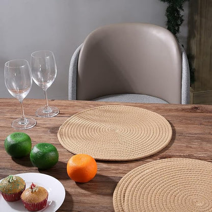 4 Pack Jute Woven Placemats, 13.8 inches Round Braided Brown Tablemats Handmade Weave Placemats Heat Resistant Non-Slip Fabric Rustic Large Plate Chargers for Dining Table