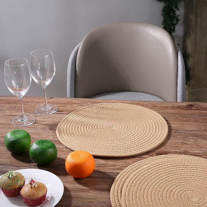 Jute Woven Placemats Set of 6, Round Braided Tablemats Natural Jute Handmade Woven Plate Chargers Heat Resistant Non-Slip Potholder for Table Decoration(13 inch)