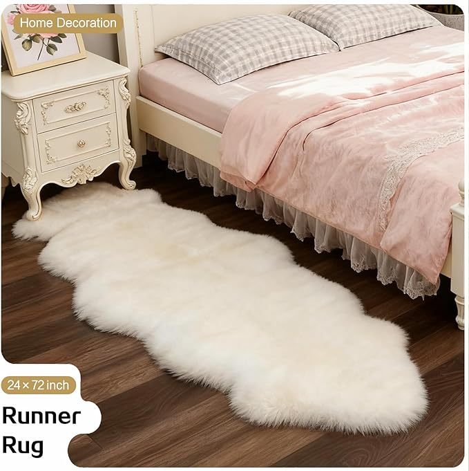 White Faux Fur Sheepskin Area Rug for Living Room Bedroom, 2 x 4 Feet Ultra Soft Shaggy Fuzzy Furry Carpet Chair Throw Rugs for Kids, Girls, Nursery Room Decor Dorms-Special Shape