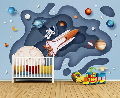 Space Wallpaper for Boys Room Cartoon Planet Astronauts Wall Murals for Kids Room Bedroom（Not Peel and Stick）