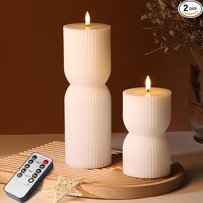 White Ribbed Flameless Pillar Candles with Remote, Real Wax Flickering Battery LED Candles Set of 2