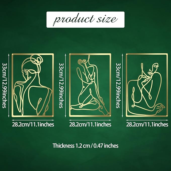 CHENGU 3 Pieces Gold Wall Decor Minimalist Wall Art Metal Line Wall Art Wall Decor for Bedroom Single Line Female for Kitchen Bathroom Living Room(Bright Style)