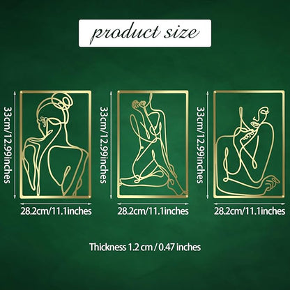 CHENGU 3 Pieces Gold Wall Decor Minimalist Wall Art Metal Line Wall Art Wall Decor for Bedroom Single Line Female for Kitchen Bathroom Living Room(Bright Style)