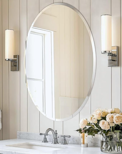 Frameless Oval Wall Mirror: Decorative Elliptical Mirrored Glass Vanity with Beveled Silver Edge for Bathroom Bedroom Livingroom Dining Room Entryway Hallway, 32 x 24 inch