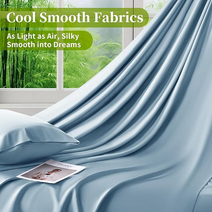 Shilucheng 100% Viscose Derived from Bamboo_ Sheets Queen Size 6pcs - Ultra Cooling & Silky Soft Bed Sheets, 16" Deep Pocket, Perfect for Hot Sleepers, Hotel Bedding Sheets (Teal Blue)