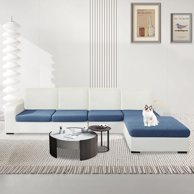 MAXIJIN Waterproof 4 Pieces Couch Cushion Covers for Sectional Sofa Seat Slipcover Stretch Sectional Couch Cover for L Shape Left/Right Chaise with Elastic Bottom (3 Seater + 1 Chaise, Dusty Blue)