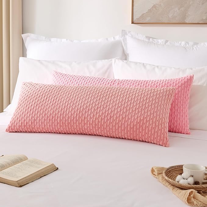 Kevin Textile 14x36 Inch Long Lumbar 1 Pack Boho Decorative Throw Pillow Cover Soft Striped Corduroy Rectangle Cushion Case Farmhouse Accent for Living Room Couch Sofa Bed, Pink