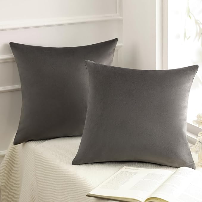 Phantoscope Pack of 2 Velvet Decorative Throw Decorative Pillow Cover Soft Solid Square Cushion Case for Couch Dark Grey 22 x 22 inches 55 x 55 cm