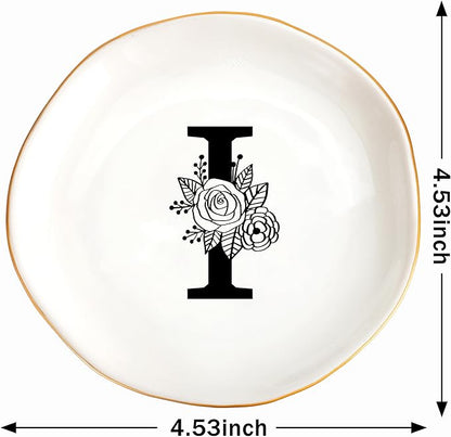 JoycuFF Initial I Ceramic Jewelry Tray, Bridesmaid Bride Gifts, Mothers Day Christmas Anniversary Engagement Birthday Gifts for Women Couples, Trinket Dish for Rings Earrings Necklaces Bracelets Keys