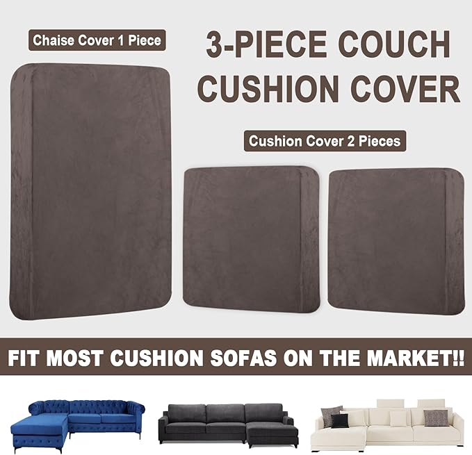 Sectional Couch Covers for 3-Piece Seat Cushion Velvet Separate L Shape Couch Cover Stretch Sofa Slipcover with 2 Pieces Pillowcases Furniture Protector (Sofa 2 Seater + 1 Chaise, Coffee)