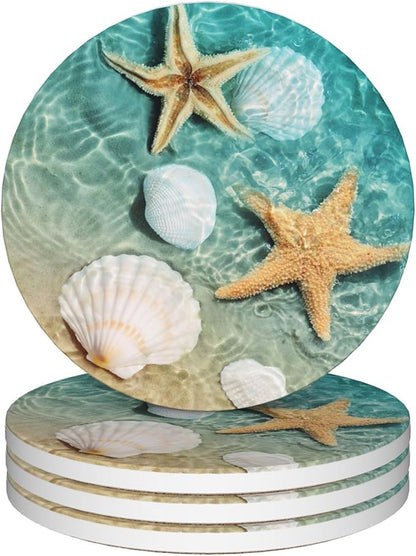 Coasters for Drinks,Starfish and Seashell On Beach Absorbent Coaster Set of 4 with Cork Base,Ceramic Drink Coasters for Cold Drinks Wine Glasses Cups Mugs,Housewarming Gifts for Home Decor