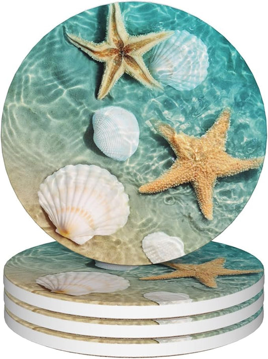 Coasters for Drinks,Starfish and Seashell On Beach Absorbent Coaster Set of 4 with Cork Base,Ceramic Drink Coasters for Cold Drinks Wine Glasses Cups Mugs,Housewarming Gifts for Home Decor
