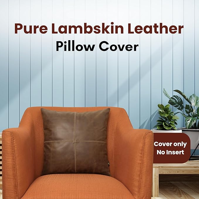 LL LEATHER LOVERS Lambskin Leather Pillow Cover - Sofa Cushion Case - Decorative Throw Covers for Living Room & Bedroom, 22x22 Inches - Chiku Brown Plain Pack of 1