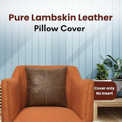 LL LEATHER LOVERS Lambskin Leather Pillow Cover - Sofa Cushion Case - Decorative Throw Covers for Living Room & Bedroom, 22x22 Inches - Chiku Brown Plain Pack of 2