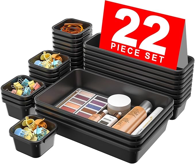 A-LuGei 【𝟮𝟮𝗣𝗖𝗦】 Plastic Black Desk Drawer Organizer, Bathroom Organizers and Storage, Makeup Organizer, Organization and Storage Bin Container for Vanity Office Utensils Tool Pantry Cosmetic