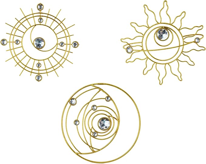 Manortang 9 Inch Metal Golden Wall Decor Abstract Sun Moon Star Wall Art Embelished Mystical Planet Indoor Outdoor Circle Wall Decorations for Bedroom Living Room Office Kitchen Bathroom Party 3pcs