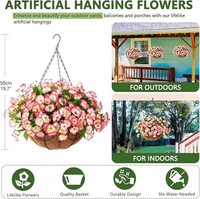 Homsunny Artificial Faux Hanging Flowers Baskets for Outdoor Spring Decoration,Fake Silk Plants for Outside Indoors Porch Patio Home Summer Decor(Pink)