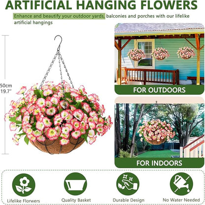 Homsunny Artificial Faux Hanging Flowers Baskets for Outdoor Spring Decoration,Fake Silk Plants for Outside Indoors Porch Patio Home Summer Decor(Pink)