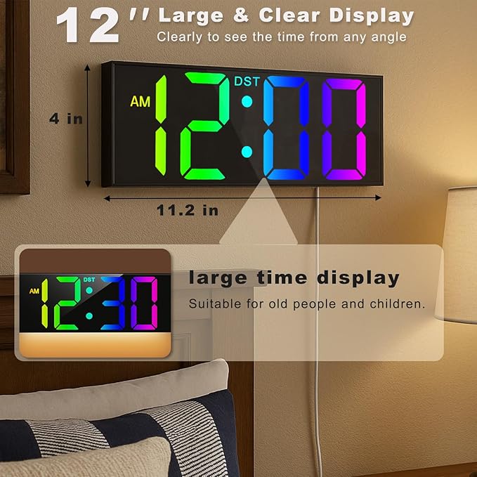 TrophyRak 12'' Large Digital Wall Clock, with Big LED Dispaly, RGB Colors, Dimmer, DST, Night Light for Classroom Livingroom Bedroom Wall Mounted, Birthday Xmas Gift for Senior, Men Womem, Black, RGB