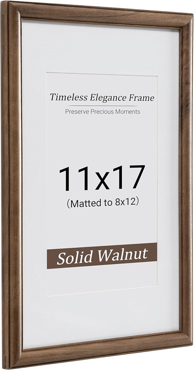 Heimlove 11x17 Picture Frame,11 x 17 Natural Solid Walnut Wood Frame Matted to 8x12 with Tempered Glass,11"x14" Handcrafted wood Poster Frame,Vertical or Horizontal Wall Hanging Display,1 Pack