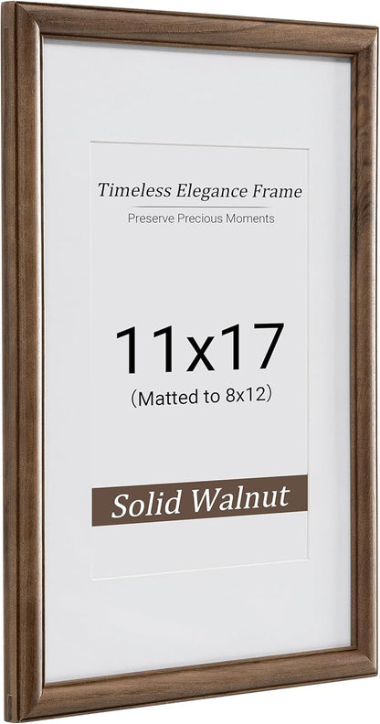 Heimlove 11x17 Picture Frame,11 x 17 Natural Solid Walnut Wood Frame Matted to 8x12 with Tempered Glass,11"x14" Handcrafted wood Poster Frame,Vertical or Horizontal Wall Hanging Display,1 Pack