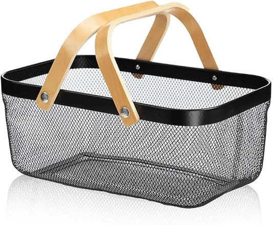 IBWell Square Metal Wire Woven Fruit Storage Bowl Basket with Wooden Handle, Large Black Mesh Fruit Stand, Multi-function Hanging Kitchen Baskets (Black, Extended)