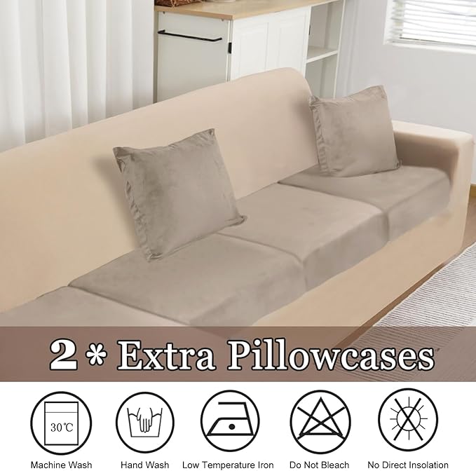 NAISI Sectional Couch Cover 4 Pieces Velvet Separate Couch Cushion Covers L Shape Soft Stretch Sofa Slipcovers with 2pcs Pillowcases for Left/Right Chaise Sectional Couch(3 Seater+1 Chaise,Taupe)
