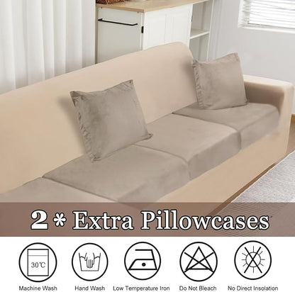 NAISI Sectional Couch Cover 4 Pieces Velvet Separate Couch Cushion Covers L Shape Soft Stretch Sofa Slipcovers with 2pcs Pillowcases for Left/Right Chaise Sectional Couch(3 Seater+1 Chaise,Taupe)