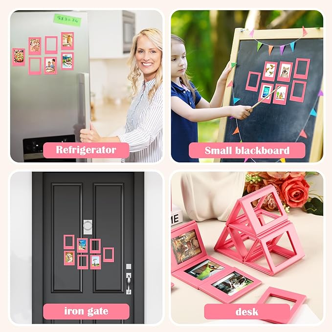 Epakh 20 Packs Magnetic Photo Picture Frame Cute Mini Table Photo Frame Holder 3 Inches Plastic Colorful Picture Display for Fridge Office (Pink)