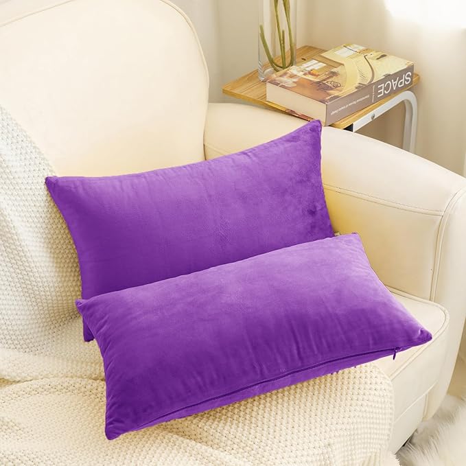 HWY 50 Purple Velvet Rectangular Throw Pillow Covers 12x20 Inch, Pack of 2 Soft Cozy Solid Decorative Luxury Cushion Cases for Couch Sofa Bed Living Room Bedroom