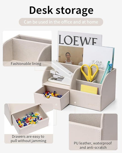 Vlando Office Desk Organizer Leather Desktop Organizer Caddy with Drawer for Storing Desktop Supplies and Accessories (White)