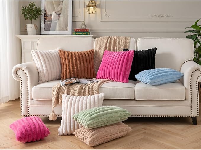 DEELAND Pack of 2,Double-Sided Faux Fur Plush Decorative Throw Pillow Covers Fuzzy Striped Soft Pillowcase Cushion Covers for Sofa Couch Bedroom Beige 24x24 inch