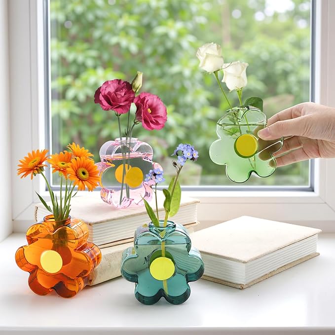 Covzoe 4 Pack Small Glass Vases, Colorful Unique Flower Shaped Vase, Cute Glass Bud Vases for Centerpieces, Girly Modern Decorative Mini Vase for Living Room Bedroom Shelf Home, Office, Wedding