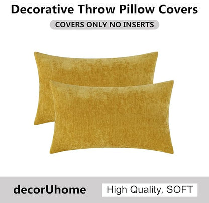 decorUhome Chenille Mineral Yellow Spring Throw Pillow Covers 12x20 Inch Set of 2, Decorative Soft Couch Pillow Covers Solid Dyed Accent Farmhouse Neutral Rectangle Pillow Cases for Sofa