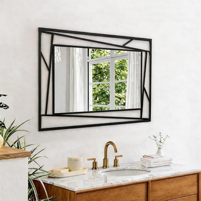 Rectangular Wall Mirror, 36''X24'' Matte Black Metal Framed Farmhouse Bathroom Mirrors for Bedroom Entryway Living Room, Hang Horizontally or Vertically