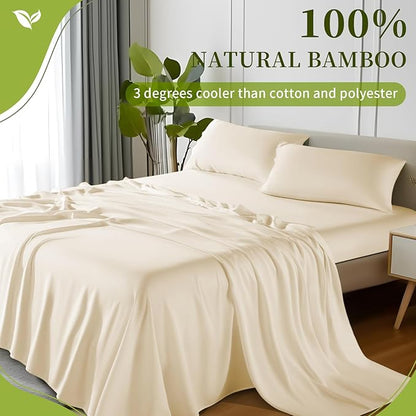 Shilucheng 100% Viscose Derived from Bamboo_ Sheets King Size 4pcs - Ultra Cooling & Silky Soft Bed Sheets, 16" Deep Pocket, Perfect for Hot Sleepers, Hotel Bedding Sheets (Beige)