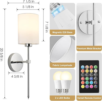 Battery Operated Wall Sconces Set of Two,Wireless Rechargeable Wall Light With Remote Control, Dimmable, Amber Light/Warm White/Natural White/Daylight/RGB,Timer,for Living Room,Bedroom,Entryway,Chrome