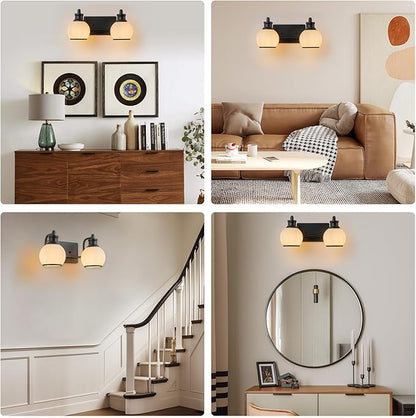 2 Light Modern Bathroom Light Fixtures Over Mirror (LED Bulbs Included), Black Vanity Lights for Bathroom Wall Sconces with Milky White Globe Glass Shades