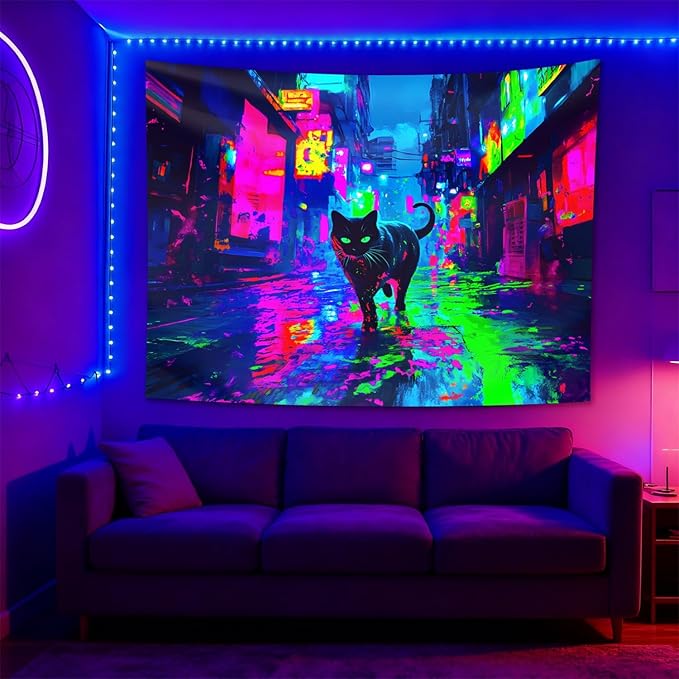 seewan Black Light Reactive Cat Tapestry, Neon Futuristic Urban Street Art, UV-Reactive Cat Tapestry, Sci-Fi Black Cat Wall Decor, Bedroom Dorm Living Room Background Decor