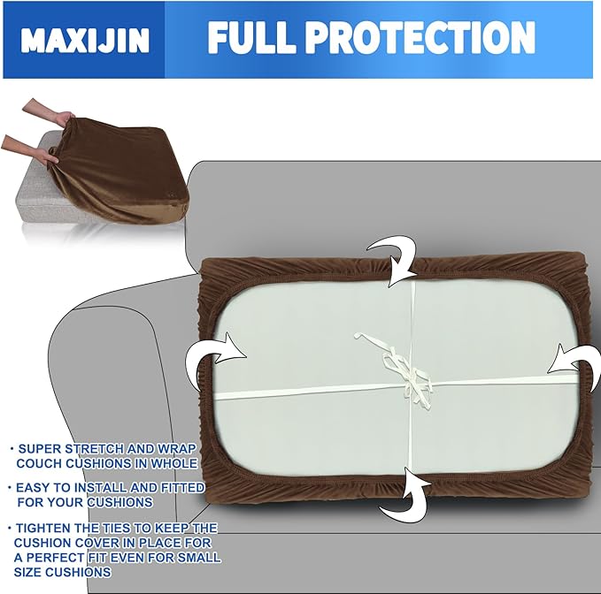 MAXIJIN Velvet Stretch Seat Cushion Covers Couch Cushion Cover for Individual Cushions Sofa Seat Cushion Slipcovers with Elastic Bottom (3 Piece XL Sofa Cushion Covers, Dark Coffee)