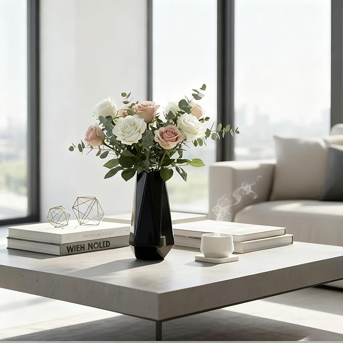 Modern Black Ceramic Vase, 7.5 Inch Geometric Flower vases, Minimalist Design for Table Shelf Centerpiece Home Decor Fit for Housewarming, Weddings, Birthday,Christmas