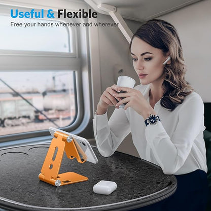 OMOTON Foldable Cell Phone Stand, C4 Portable Aluminum Phone Holder, Adjustable Phone Dock Cradle Compatible with iPhone 17/16/15 Pro Max Air, Samsung Galaxy, Small Tablets, Smart Phones, Orange