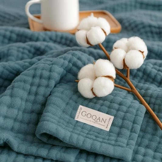 Goqan Muslin Blanket King Size 90x108 – 100% Turkish Cotton 4 Layer Boho Muslin Blanket for Adults, Four Season, Lightweight and Thin, Soft, Breathable for Bed, Couch - Teal