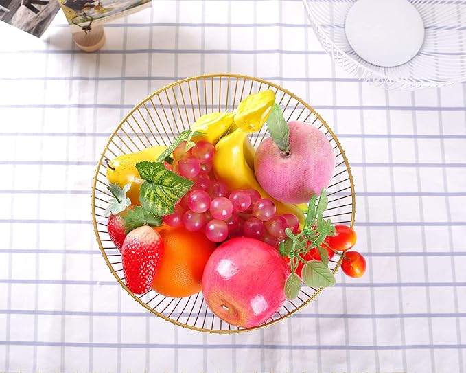 IBWell Wire Fruit Basket Fruit Bowl Kitchen Fruit Basket Stand Fruit Bowls for the Counters Metal Fruit Bowl (Exposure) (Round-Gold)