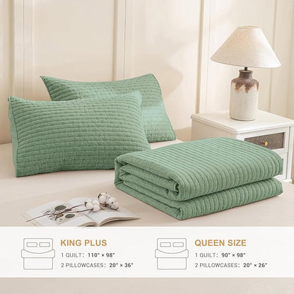 Sanracie Stonewashed Cotton Coverlet King Size(110"x98"), Green Cross Stitch Pattern Quilt Bedding Set 3Pcs Extra Soft Breathable Crinkle Quilted Bedspread Set for All Season